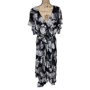 NW Night Way black white floral asymmetrical hem maxi‎ dress plus size 18W new
